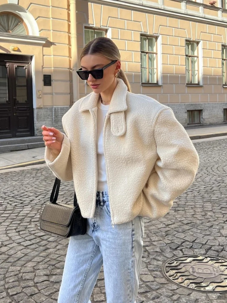 White Fashion Zipper Cashmere Womens Jacket Fashion Collar Long Sleeve Loose Cutting Coat Womens Autumn/Winter Casual Coat 241205