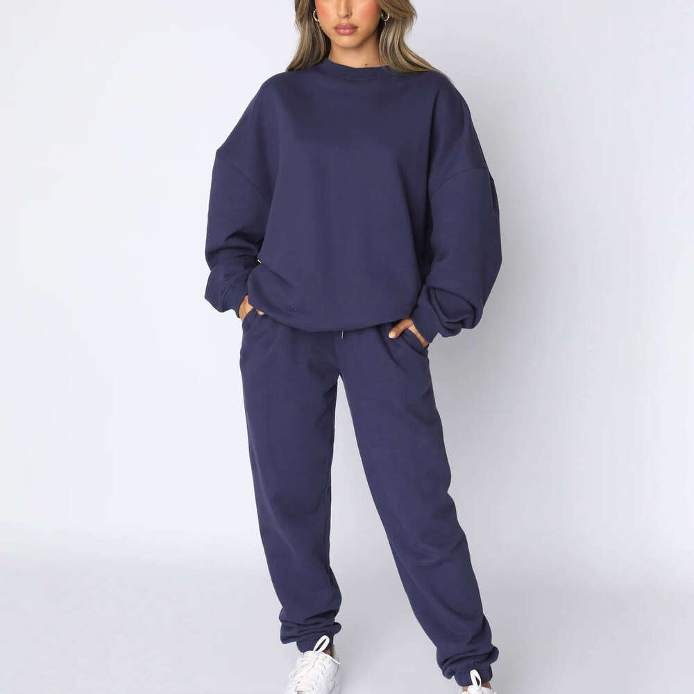 European American Spring And Autumn Pure Color Round Neck Pullover Pants Women's Long Sleeved Hoodie Set Trendy Clothing Fashion Casual Temperame