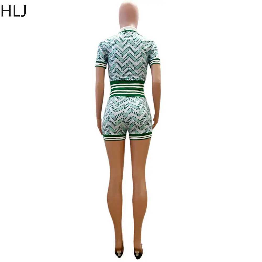Women's Two Piece Pants HLJ Blue Summer Printing Shorts Two Piece Sets Women Polo Nack Crop Top And Shorts Outfits Fashion Y2K Matching 2pcs Strt