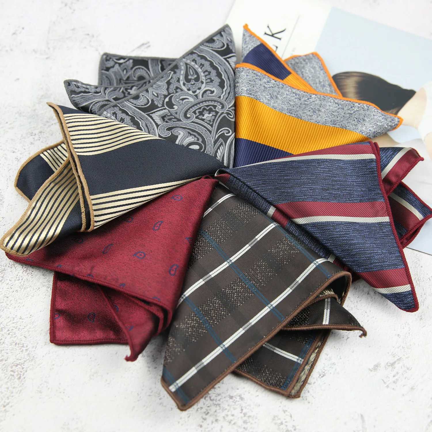 23cm Fashion Polyester Mens Pocket Square Striped Paisley Grey Handkerchief Formal Suit Tie Pocket Chest Scarf Shirt Hanky W241213