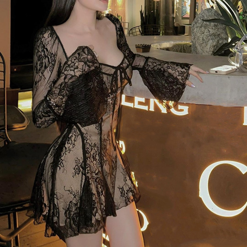 Women's 2023 New Ballet Style Sexy Pure Desire Lace Print Long sleeved Dress with Strap Wrap