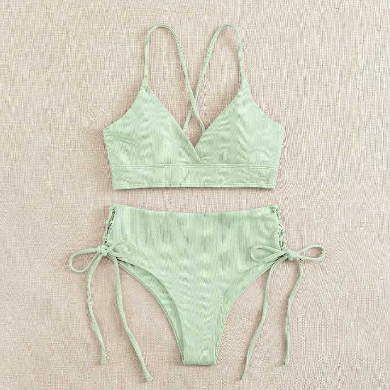 Cikini-V-Neck Split Bikini Set for Women Sexy Swimsuit Lace Up Triangular Bikinis Solid Color Beach Swimwear Bathing SuitXJ241212