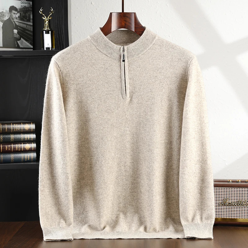 Autumn and Winter Collection 100% Cashmere Mens Casual Half Zipper High Collar Solid Color Sweater for Men 241213