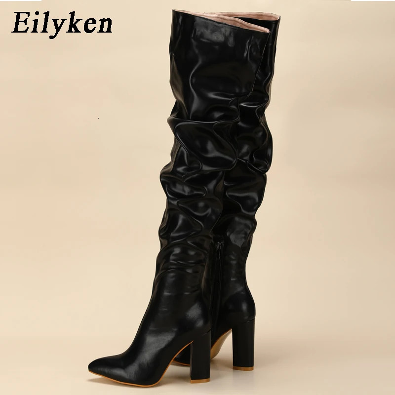 Eilyken Winter Womens Knee Boots Punk Style Square High Heels Zipper Shoes Folded Dots Womens Boots 241213