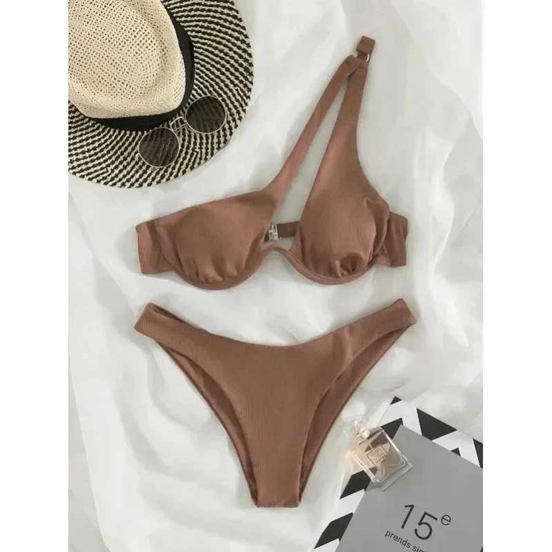 One Shoulder Bikinis 2024 Women Sexy Swimwear Fa Brazilian Swimsuit Solid Beachwear Bathers Bathing Swimming Swim SuitXJ241212