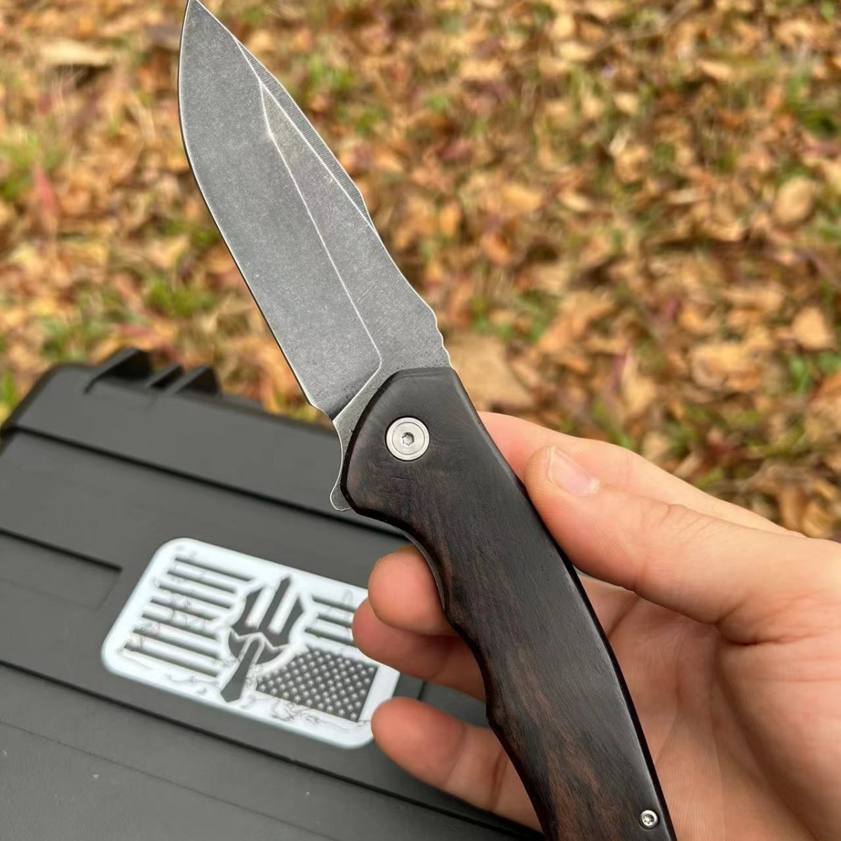 Top Quality Flipper Folding Knife 5Cr13Mov Black Stone Wash Drop Point Blade Wood with Steel Sheet Handle Outdoor EDC Pocket Knives