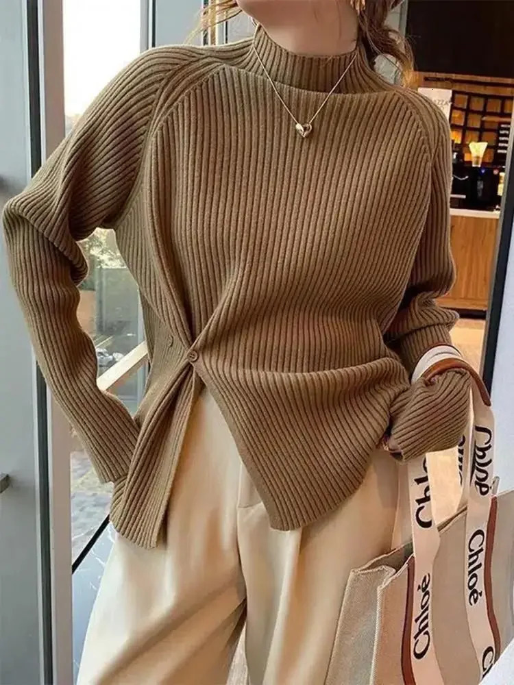 2024 Women Sweater Pullovers Turtlneck Casual Autumn Winter Split Fork Button Chic Female Slim Knit Top Soft Jumper Tops 241203