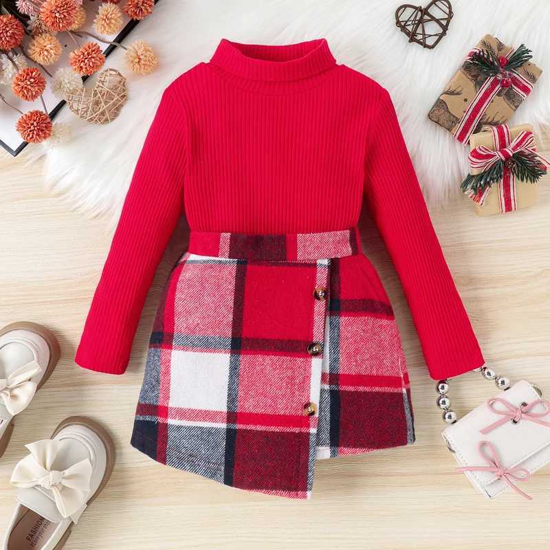 Children and Girls Autumn Clothing Christmas Party Set Long Sleeve Turtle Neck Knitted Ribbed Top+Checkered Mini Skirt 2-piece Set for Girls W241213