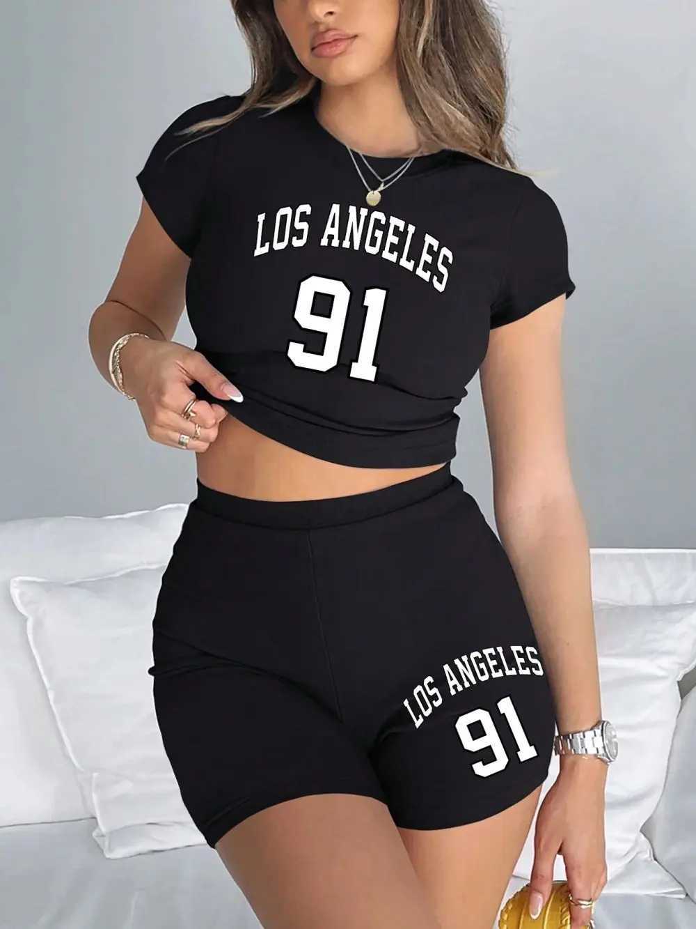 Women's Two Piece Pants Women Slim Crop T-Shirts Shorts Two Pieces Set Brooklyn New York City Art Letter Prints Tops Fashion Modal Cotton Soft Cl
