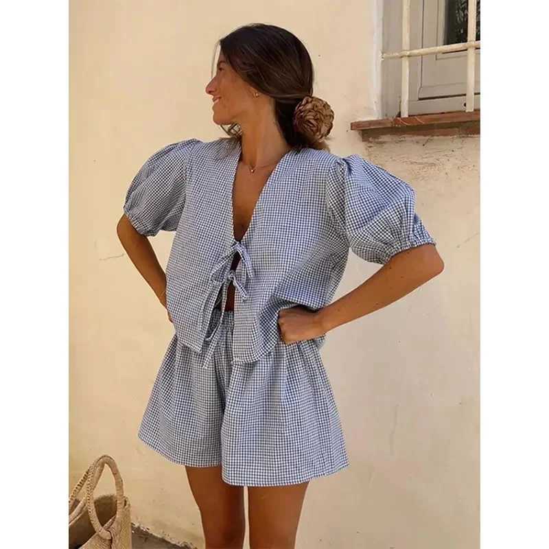 Women's Two Piece Pants Jinias summer trendy plaid lace up Shorts 2 piece set women 2024 fashion loose cropped tops short pants ladies short suit