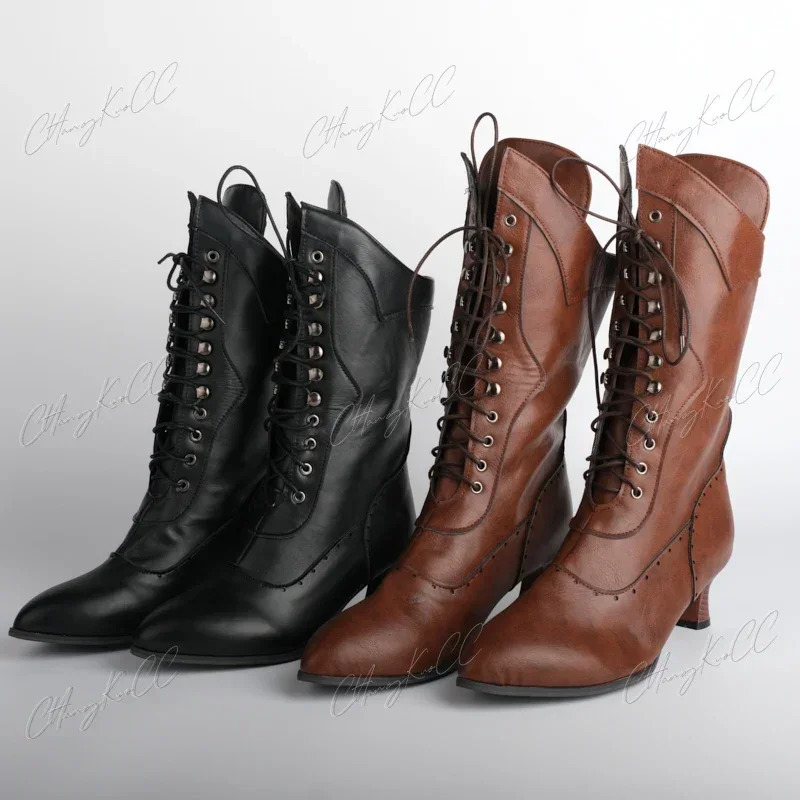 British punk womens shoes retro knight boots medieval PU leather ankle boots fashionable womens role-playing high heels Botas 241213