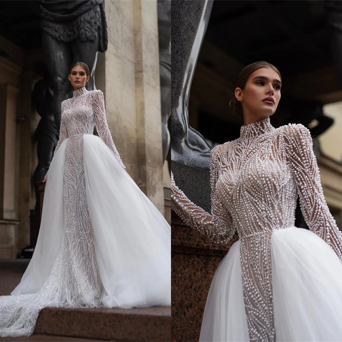 Gorgeous Bridal Dress Sequins Pearls Wedding High Collar Long Sleeves Ball Gown Detachable Train Customized Dresses Vestido De Novia