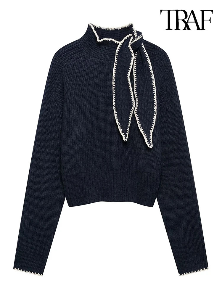 TRAF Womens Fashion Simple Solid Color Bow Embellished Knit Sweater Autumn and Winter Vintage High Street 241210