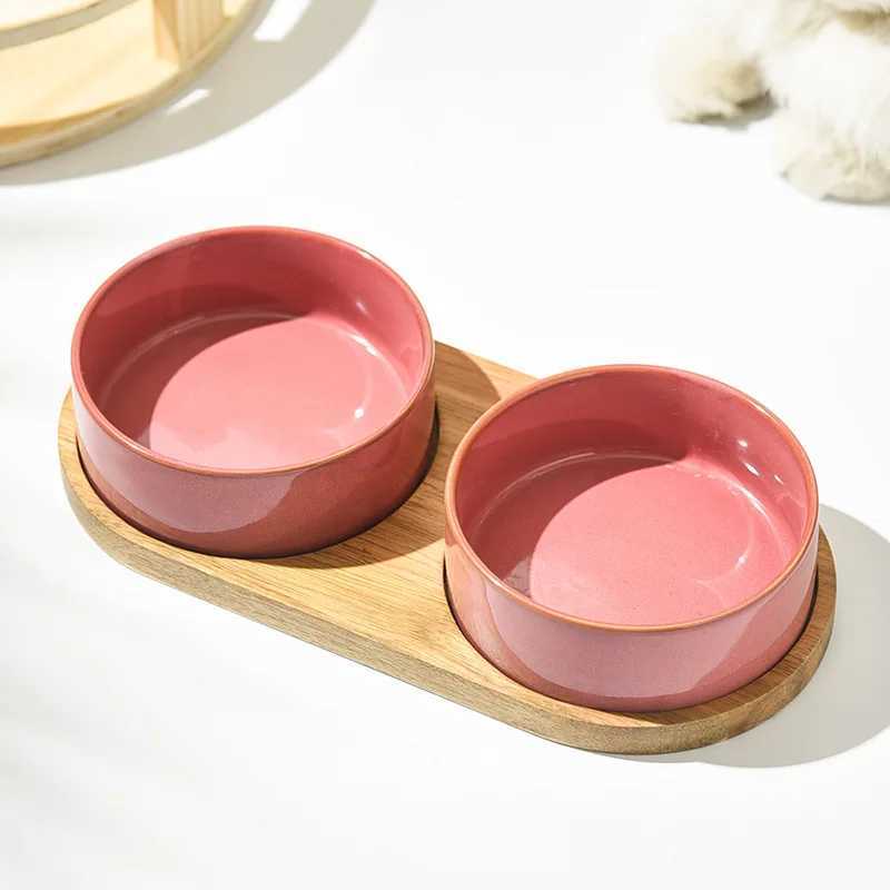 Cat Feeders Dog Bowl Ceramic Matte Pet Bowl Cervical Spine Protector Anti Knock Over Wooden Tray Pet Feeding Supplies Cat Accessories z241213