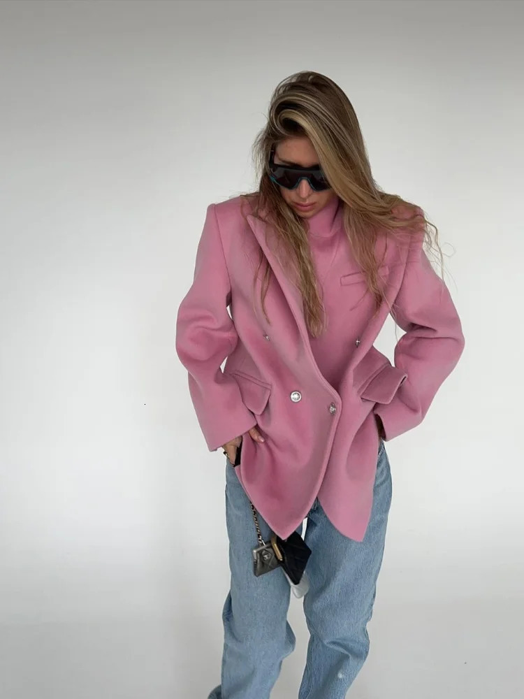 Street Pink Elegant Woolen Coat Women Fashion Lapel Long Sleeve Buttons Loose Jackets Autumn Winter Thick Warm Lady Outwear 241213