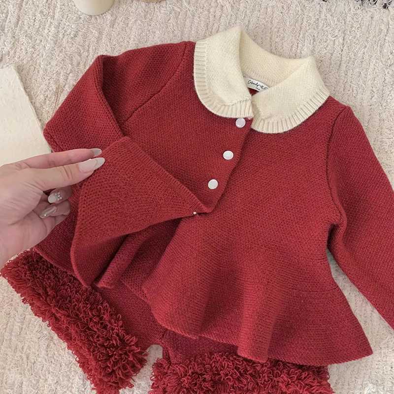 Baby Clothing Knit Set Spring Autumn New Christmas Knitted Girls Sweater Suit Knitted Tops+PP Short Sweet Two Piece Suit W241213