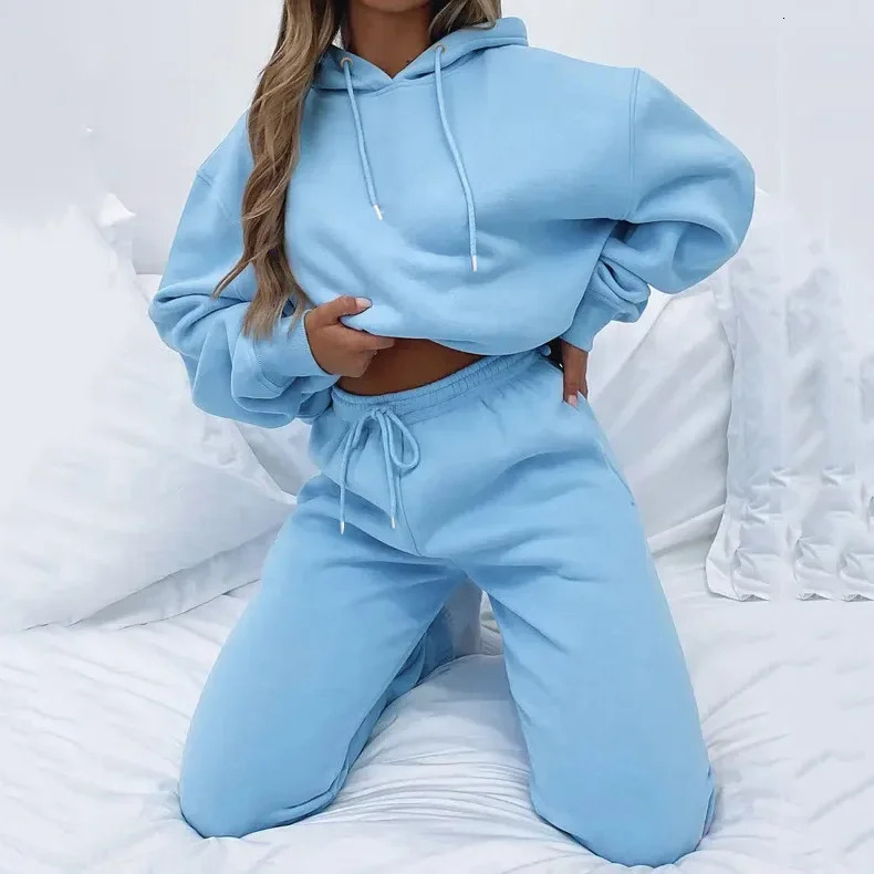 Women Two Piece Sets Tracksuit outfit Hooded Sweatshirts Pocket Drawstring Long Pants Suit Thick Casual Office Lady Autumn 241203
