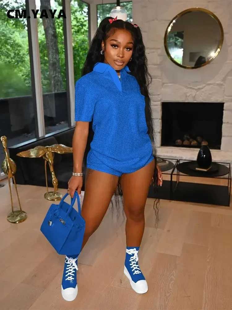 Women's Two Piece Pants CM.YAYA Fashion Giliding Womens Set Short Slve Polo-collar T-shirt and Shorts 2023 Summer Two 2 Piece Set Outfits Tracksu