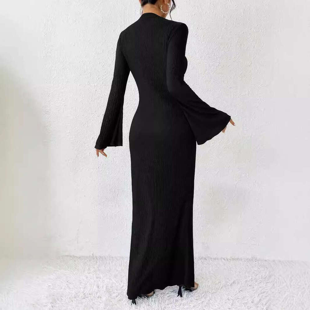 European American style 2024 autumn and winter new women's fashion round neck trumpet long sleeved slim fit hip hing dress for women