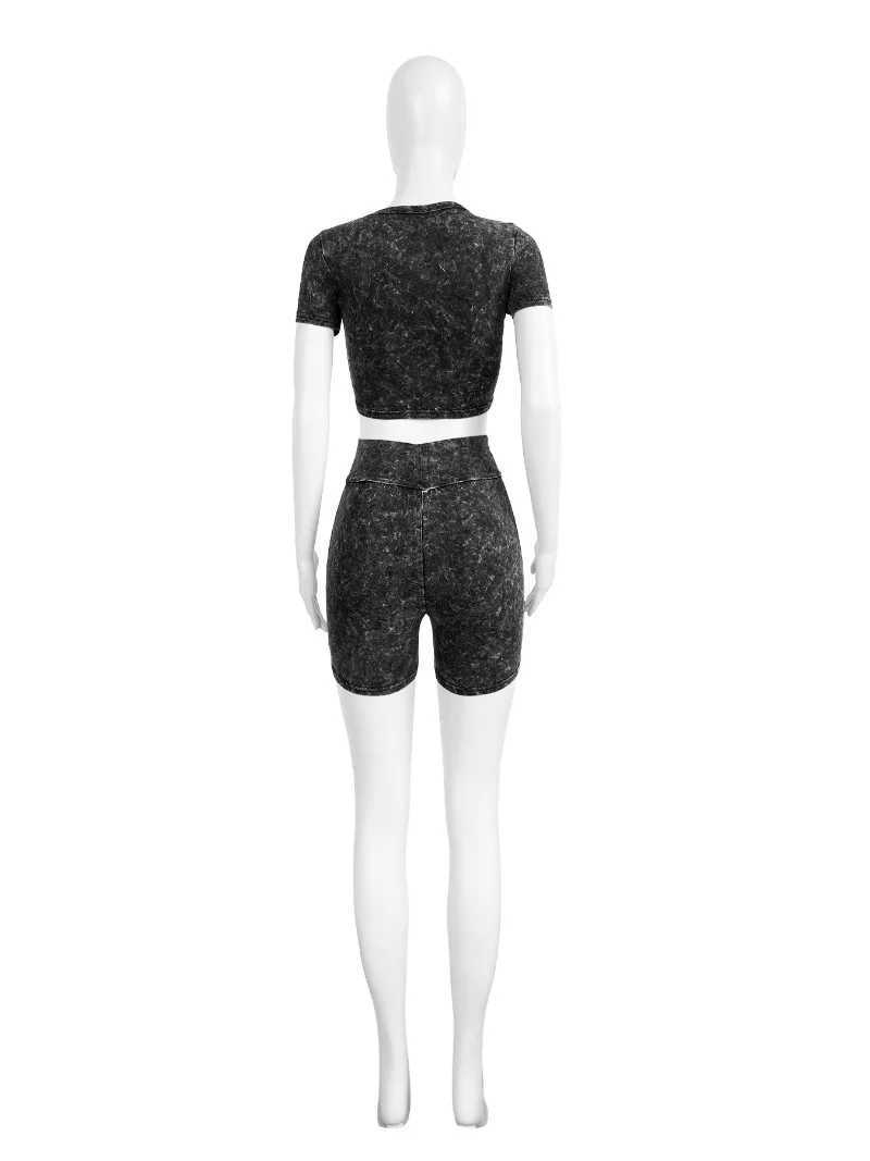 Women's Two Piece Pants Women Summer Washed Printed Casual Two Piece Set Short Slve T-shirts Crop Tops + High Waist Shorts Slim Tracksuits Jogger