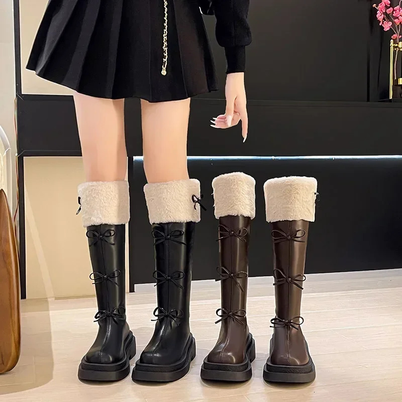 Womens leather velvet knee high boots winter fashion bow platform knight boots womens fashion cross series Botas drone 2024 241213