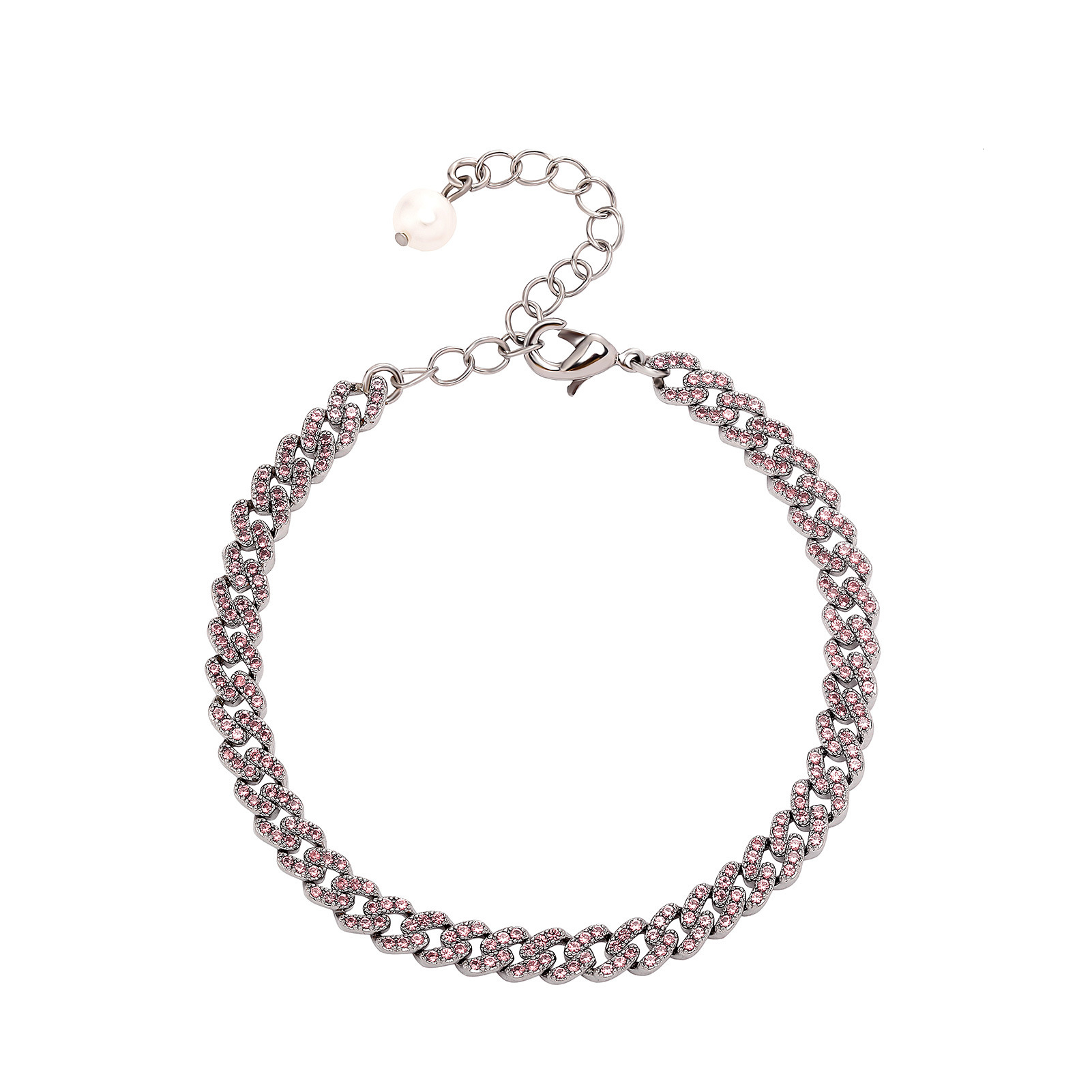 Sparkly Pink Blue 2 Tones Cubic Zirconia Prong Cuban Link Chain Bracelet Punk Hiphop Men And Women Colorful Gemstone Natural Pearl Chains 18k Gold Bij