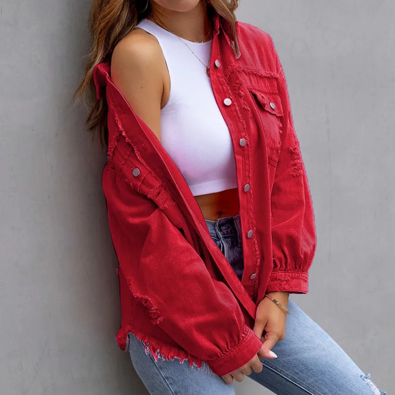 Womens torn Distressed denim jacket spring and autumn clothing long sleeved buttons boyfriend Jean Coat truck 241211