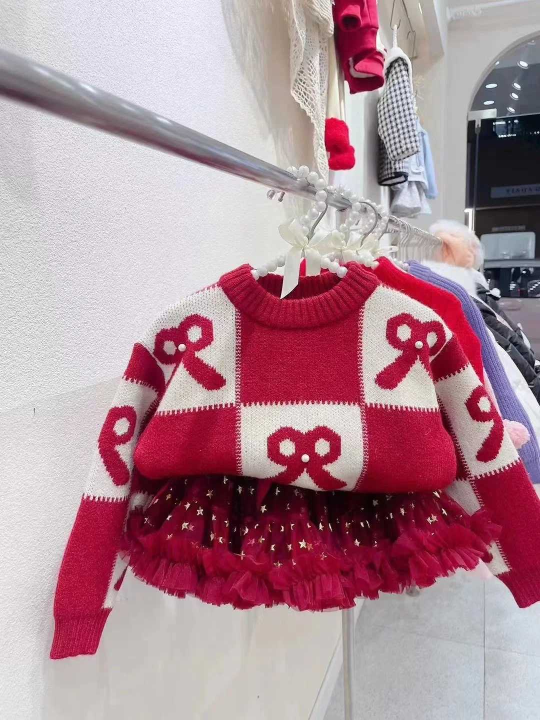 Girls Red Sweater Thickened 2024 Autumn and Winter New Style Childrens Knitwear Childrens Christmas New Year Line Clothing W241213