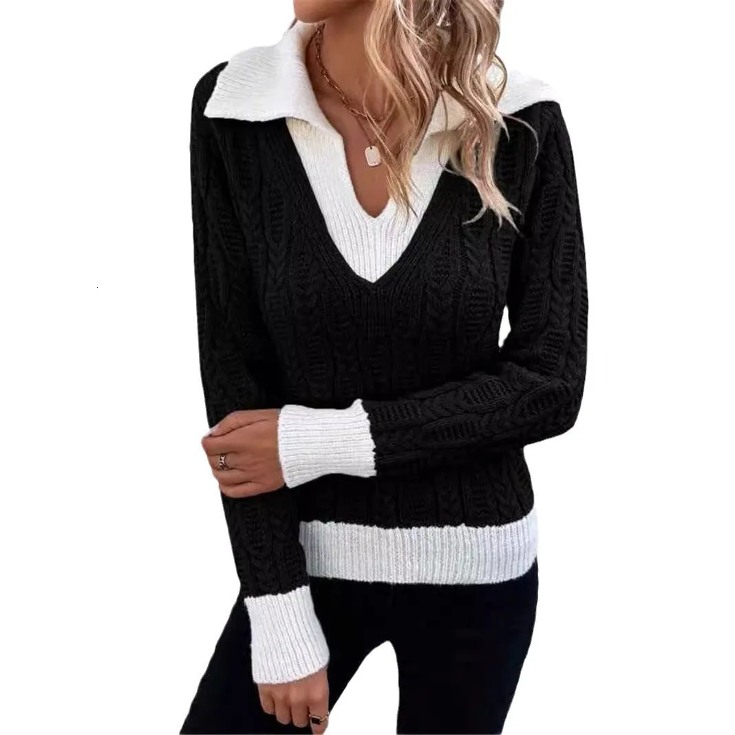 Fashion Twopiece Knit Twisted Leisure Elegant Top Women Pullover Autumn Winter Polo Neck Stitching Basics Sweater 241203