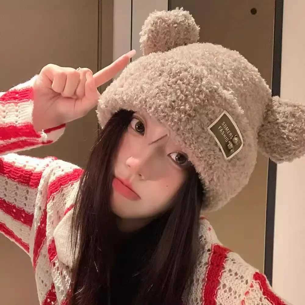 Cute Winter Plush Beanie Cap for Women Bear Ear Knitted Wool Hat Female Girls Solid Color Thicken Lamb Fleece HatsXJ241213