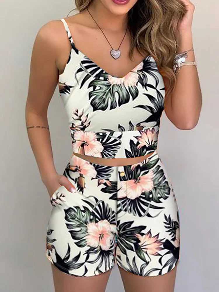 Women's Two Piece Pants Print Spaghetti Strap Crop Top Short Sets Casual Summer 2 Piece Outfits for Women Y2412139X51