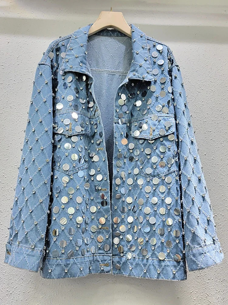 womens diamond bead denim jacket Rhinestone sequin jeans bomber jacket crystal denim cardigan single chest top 241209
