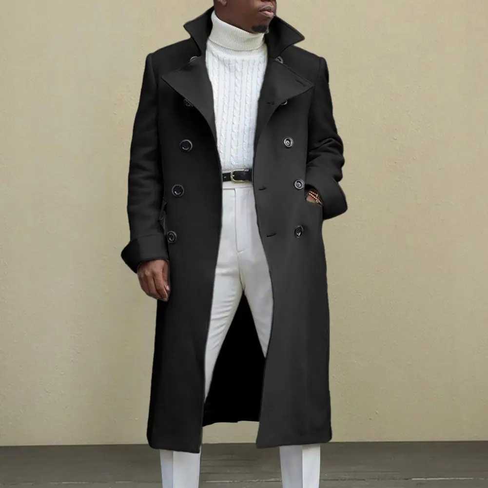 Lapel Men Coat Men Long Windbreaker Coat Stylish Mens Double-breasted Trench Coat Mid Length Windproof Thick Versatile for FallXJ241212