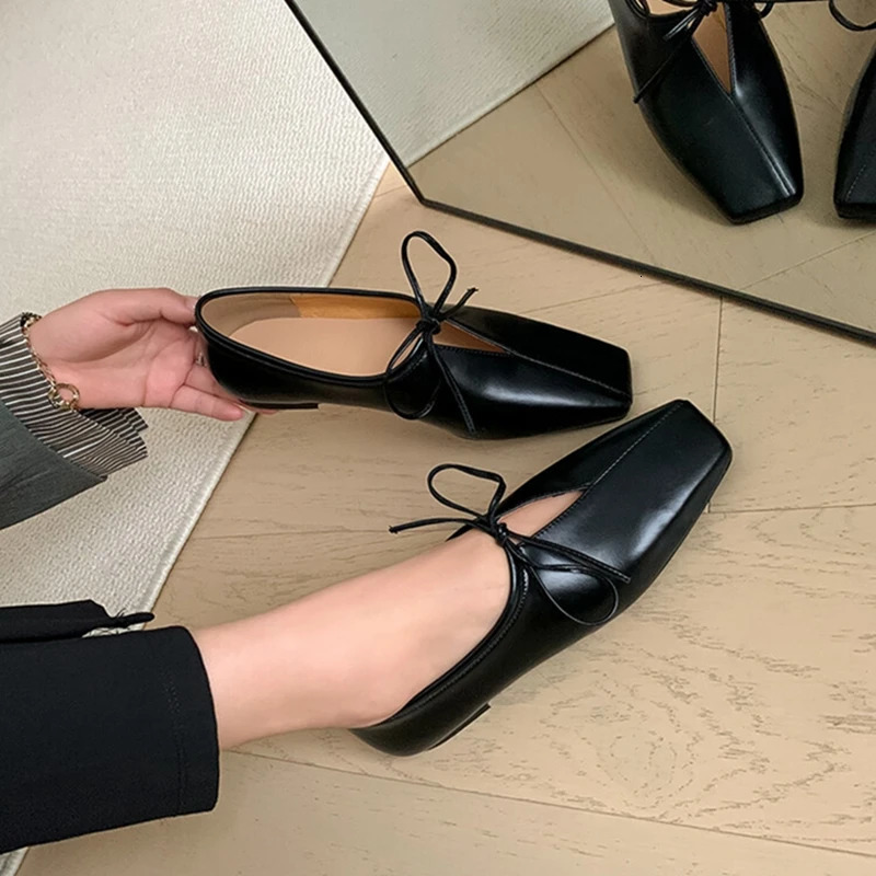 spring womens pump split style womens leather shoes square toe short and chubby sole black womens Loafers zaptos mujer 241213