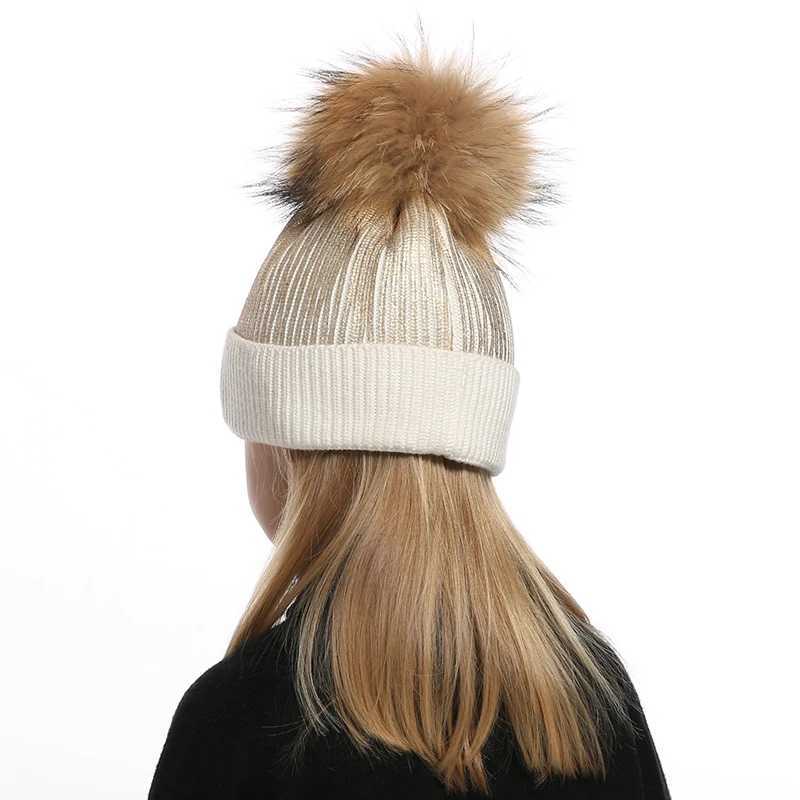 Wool Knitted Winter Hat For Kids Girls Boy Gold Silver Pink Black Metallic Print Beanie Real Fur Pompom HatXJ241213