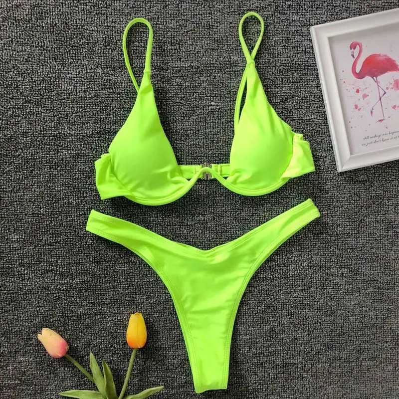 Neon Green V-bar Underwire Bikini 2024 Fa Swimsuit Women Swimwear Two-piece V shape Wire Bikini set Bather Bathing Suit K439XJ241212