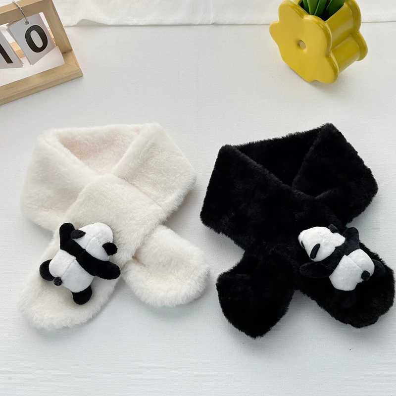 Scarves Wraps Kids Warm Plush Scarf Winter Cute Children Cartoon Panda Faux Fur Cross Scarves For Girls Boys Thickened Neck Ring H241213