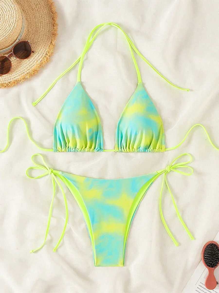 Tie Dye Bikins 2024 Mini Micro String Bikini Women Swimwear Fa Swimsuit Two Pieces Bikini Set Halter Bathing Suit Swim LadyXJ241212