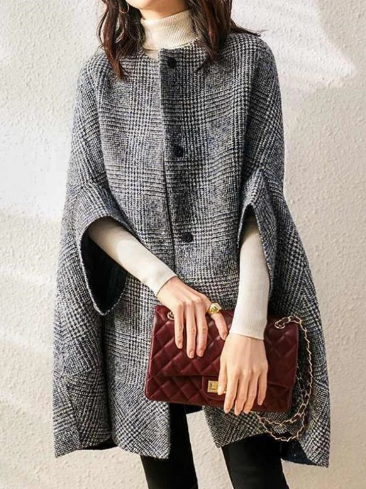 Blends Coat Autumn Women Fall Winter Wool Jacket Vintage Long Outwear Three Quarter Sleeve Elegant Mujer Thick Windbreaker 241213