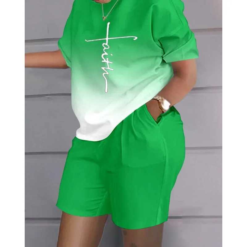 Women's Two Piece Pants 2024 Spring Summer New Womens Clothing round Neck Short Slve Top Casual Shorts Positioning Printing 2-Piece Set Y2412134V