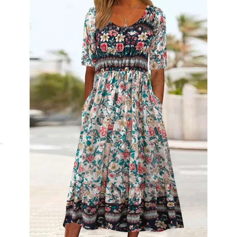 European And American New Women's Casual Round Neck Pullover Short Sleeved Printed Pleated Waist Cinching Long Skirt Dress Fashionable Quality Cl