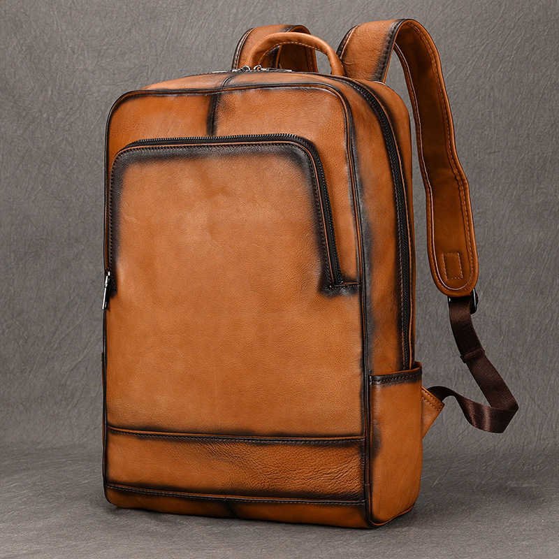 men's polished leather backpack computer bag tree cream leather top layer cowhide backpack 241215