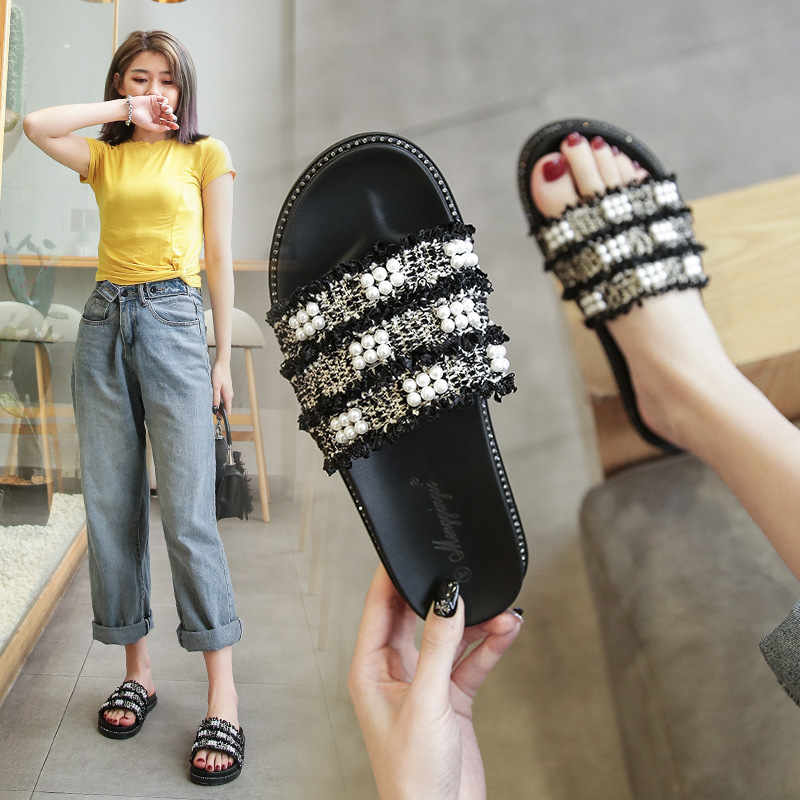 Korean version of fashion NEW women 2025 summer new pearl sequin braided flip-ps wear large size slippers 33-43
