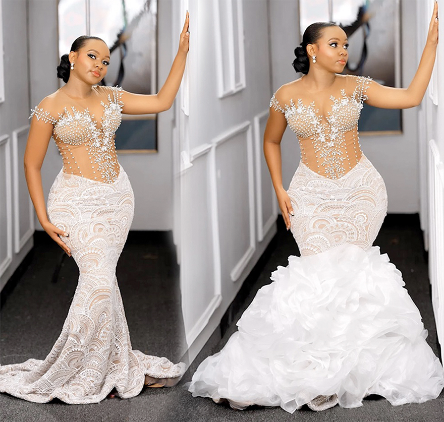 2024 Plus Size Mermaid Wedding Dresses Bridal Gowns for Bride With Detachable Train Illusion Sheer Neck Beaded Lace Ruffles Wedding Gowns for African 