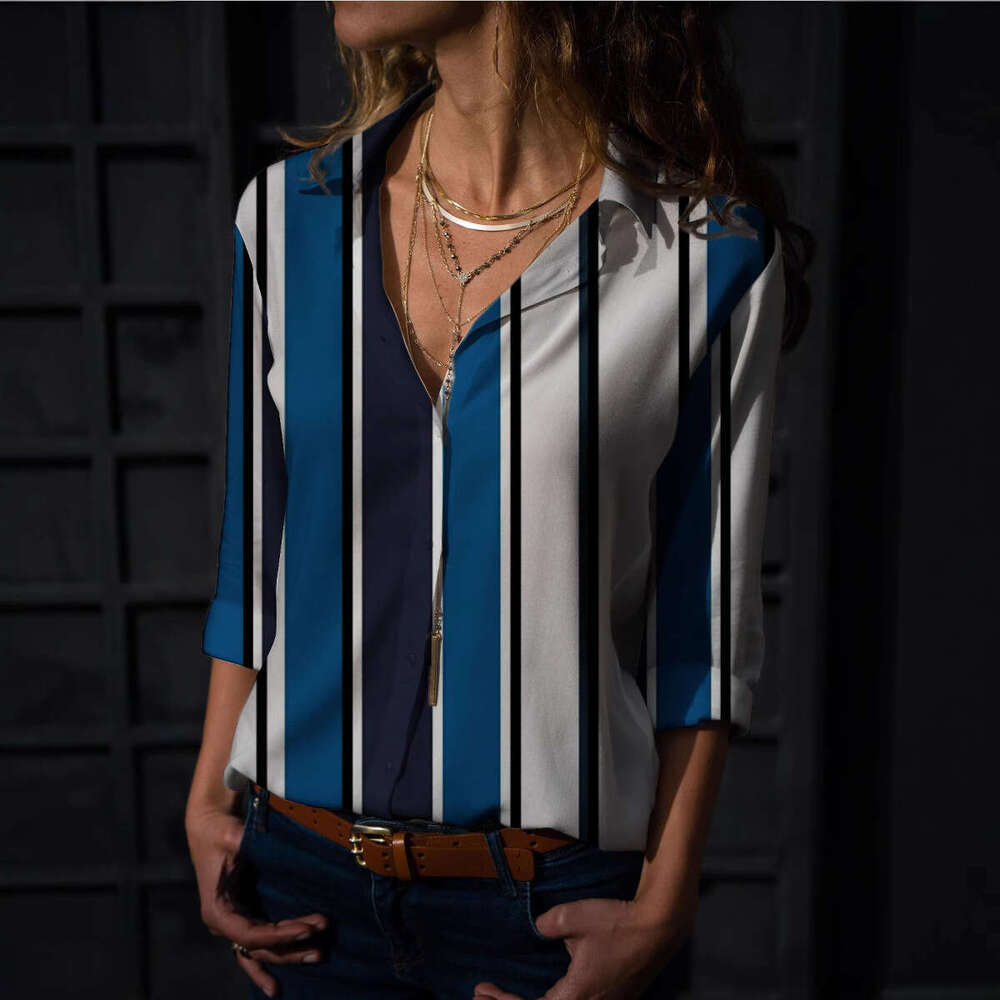 Women's Tops, Digital Long Sleeved Striped Printed Shirts, Trendy Clothing, Fashionable And Casual Temperament