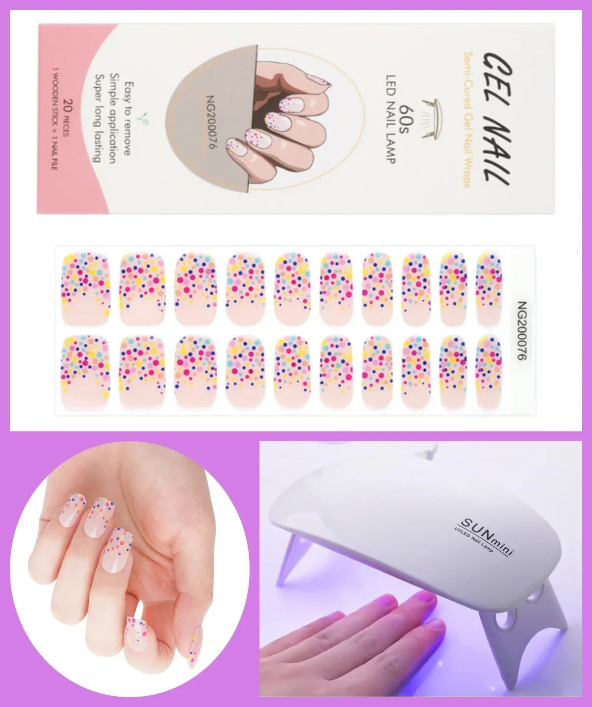 2 pieces/set of semi curing gel nail strip stickers with 6W UV lamp baking adhesive durable full set of DIY handle set 241205