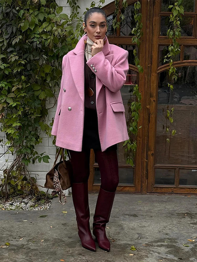 Woolen Women Jacket Stand Neck Long Sleeve Fashion Office Lady Coat Autumn Winter Street Pink Loose Thick Outwears 241213