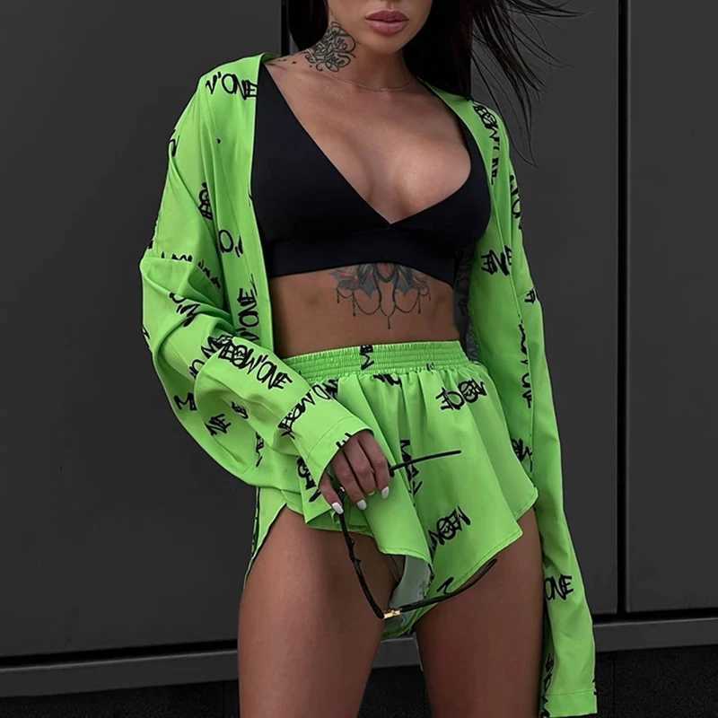 Women's Two Piece Pants Summer Two Piece Short Set New Loose Long Slved Womens Printed Casual Shirt With High Waisted Shorts Suit Y241213PH8I
