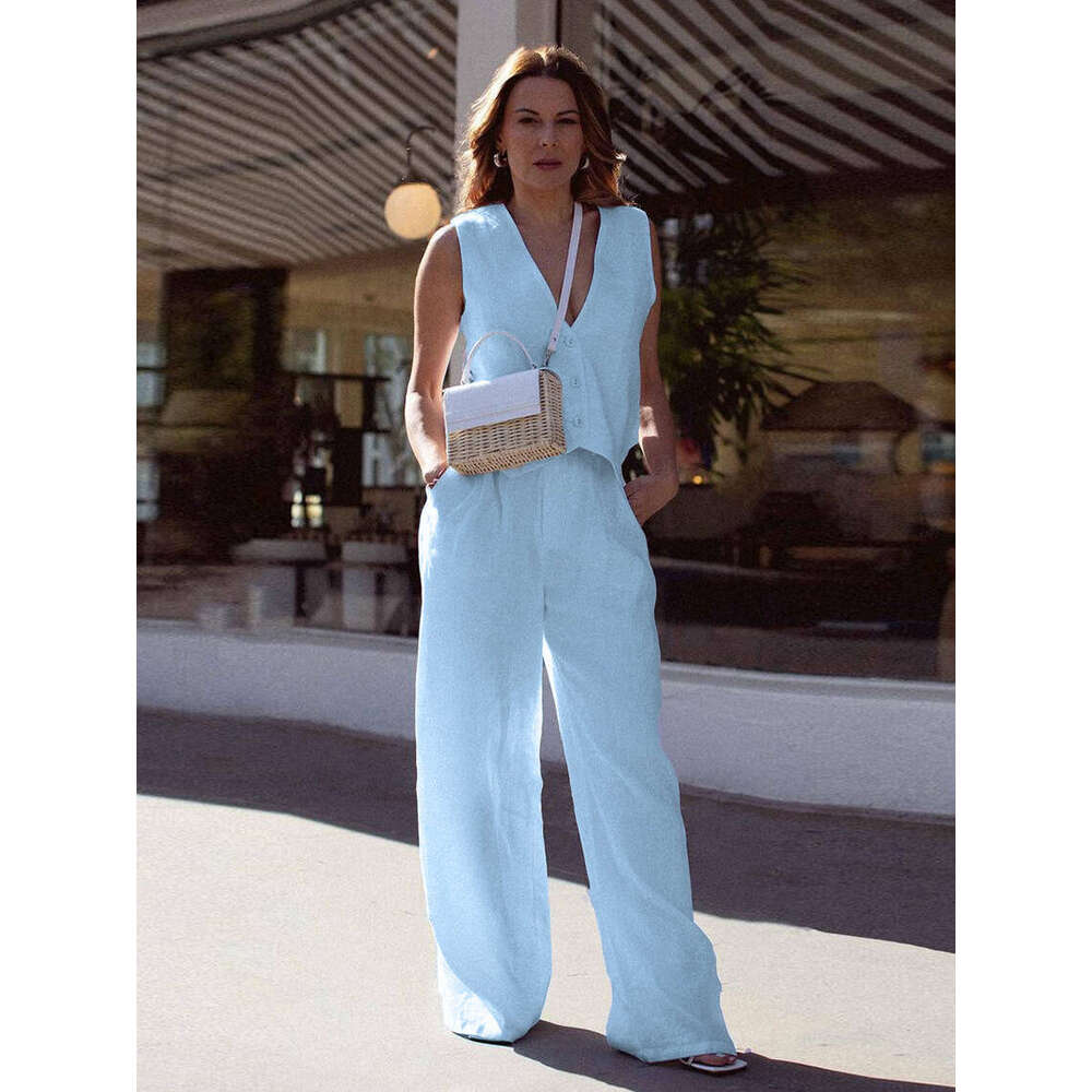 Women's Summer New Cotton And En Sleeveless Vest Casual Fashion Straight Leg Pants Two-Piece Set