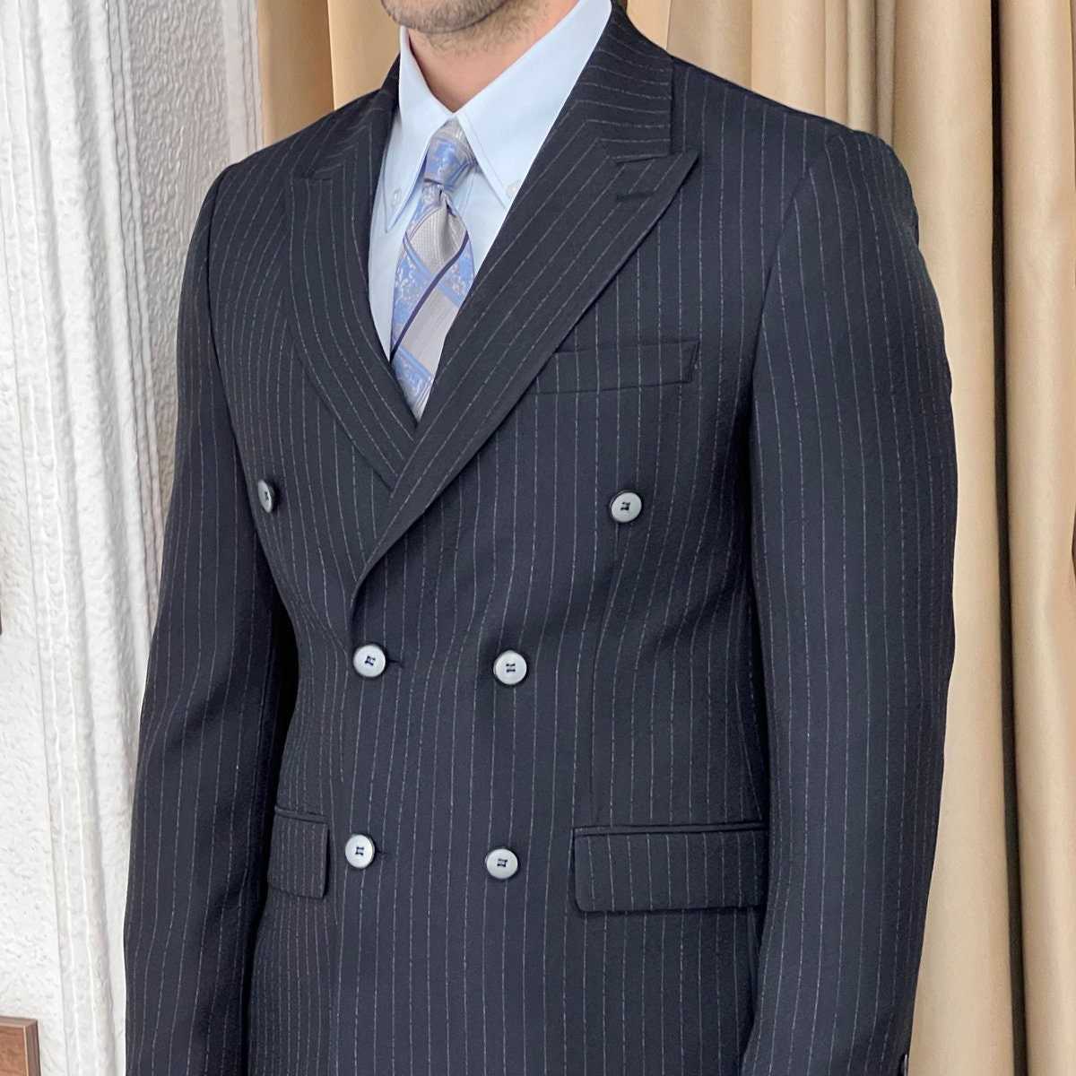 Handsome New Fashion 3-Pieces Wedding Tuxedos Men Suits Peaked Lapel Jacket Two Button Single Breasted Custom Made Pinstripe Pockets Bridegroom (Coat+